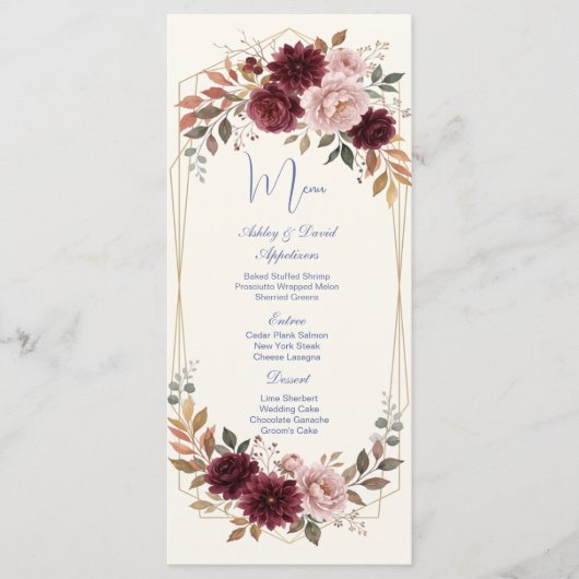 Menu de mariage moderne floral or (Devant)