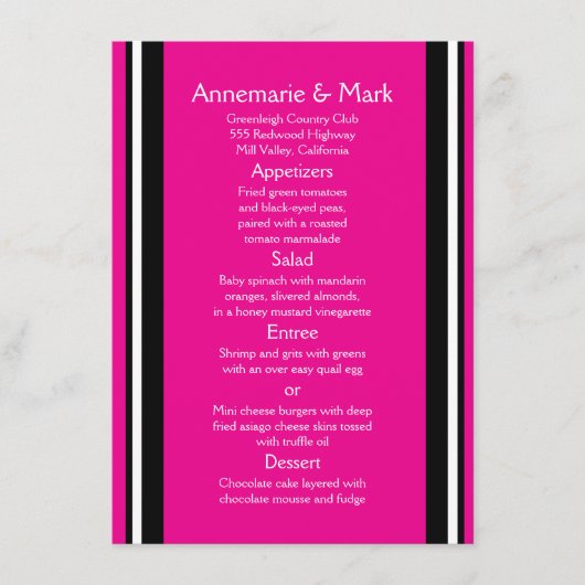 Menu de mariage moderne gras rayures roses noires (Devant)