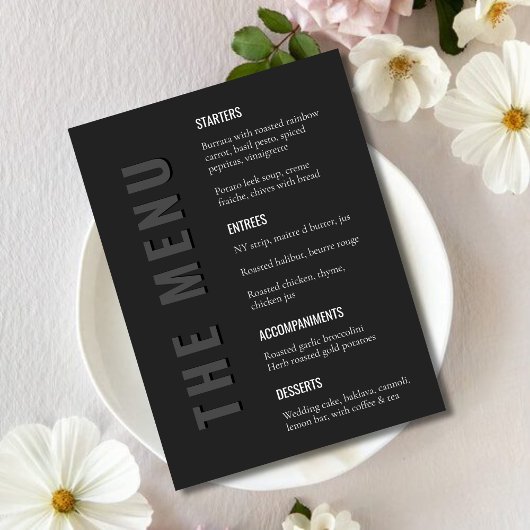 Menu de mariage moderne minimaliste Blackout