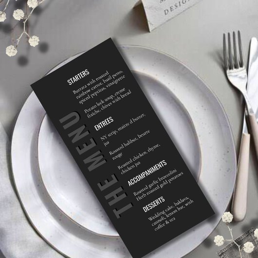 Menu de mariage moderne minimaliste Blackout
