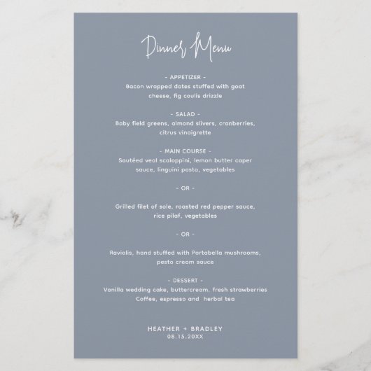 Menu de mariage moderne minimaliste bleu poussiére (Devant)