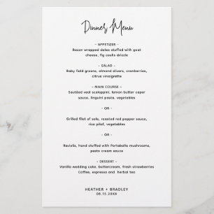Menu de mariage moderne minimaliste noir et blanc