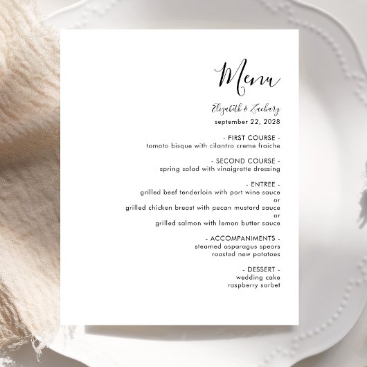 Menu de mariage moderne noir écriture manuscrite b
