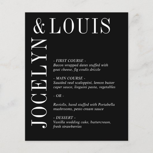 Menu de mariage moderne noir et audacieux (Devant)