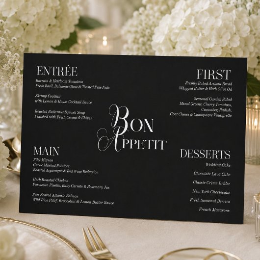 Menu de mariage moderne noir et blanc