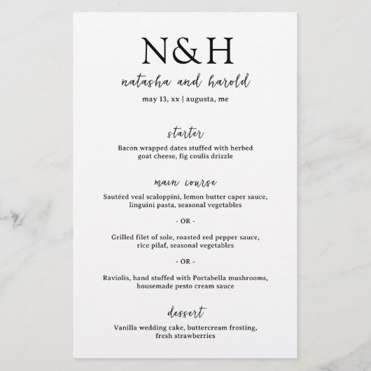 Menu de mariage moderne noir et blanc à monogramme (Devant)