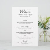 Menu de mariage moderne noir et blanc à monogramme (Debout devant)
