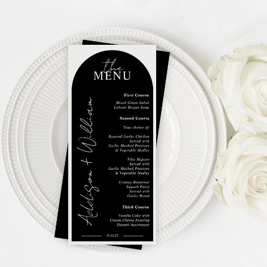 Menu de mariage moderne noir et blanc avec arche