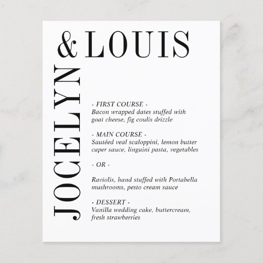 Menu de mariage moderne noir et blanc gras (Devant)