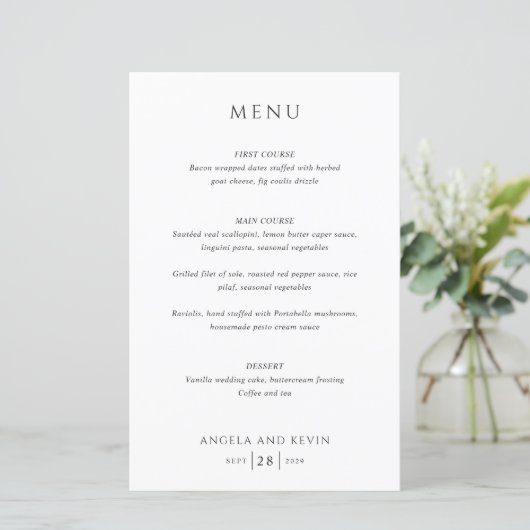 Menu de mariage moderne noir et blanc propre (Debout devant)