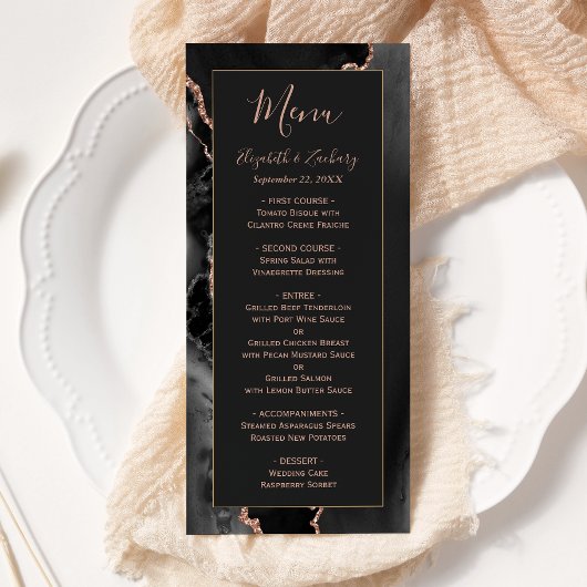 Menu de mariage moderne rose gold noir agate foncé