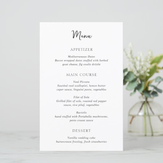 Menu de mariage moderne simple noir et blanc éléga (Debout devant)