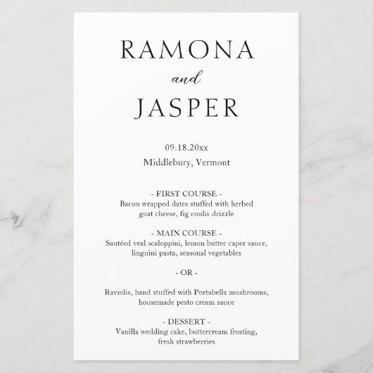 Menu de mariage moderne simple noir et blanc gras (Devant)