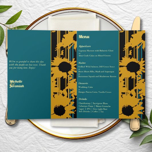 Menu de mariage moderne Tournesol Bleu sarcelle Or