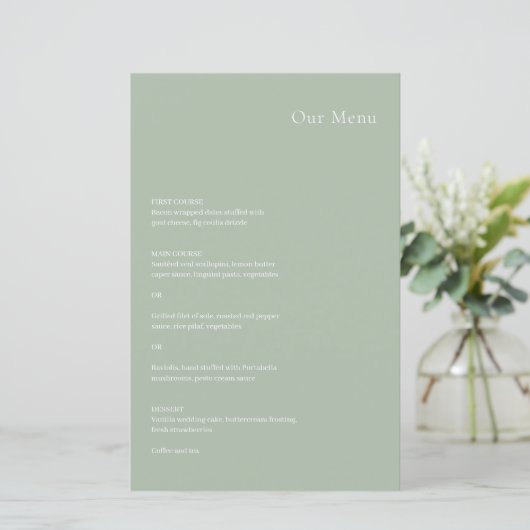 Menu de mariage moderne vert sauge élégant (Debout devant)