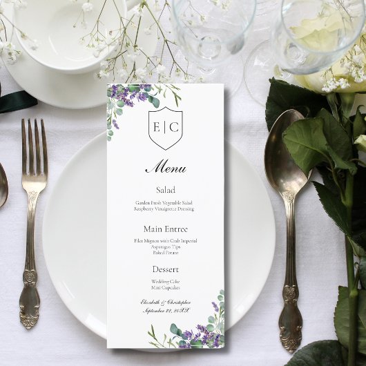Menu de mariage monogramme eucalyptus lavande