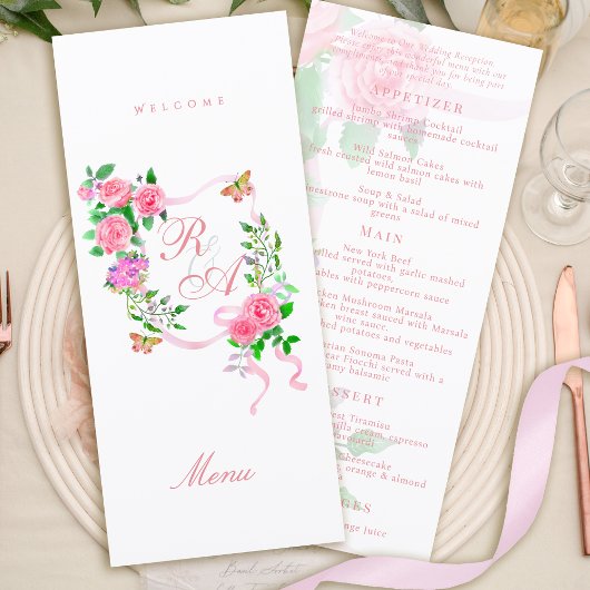 Menu de mariage monogramme ruban rose rose