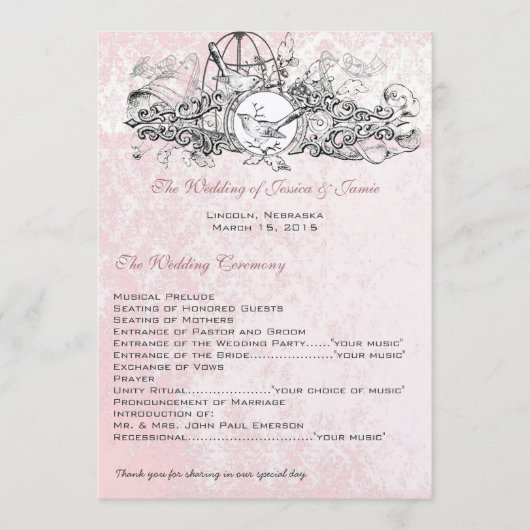 Menu de mariage musical à rouleau Cage à oiseaux v (Devant)