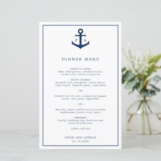 Menu de mariage nautique à monogramme élégant (Debout devant)