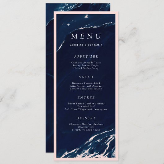 Menu de mariage nautique en marbre bleu marine mod (Devant / Derrière)