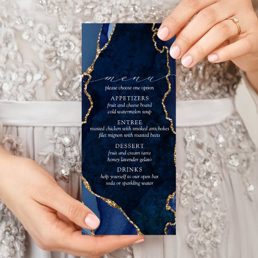 Menu de mariage Navy Marble & Agate Gold