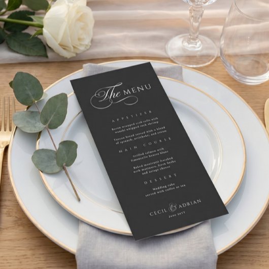 Menu de mariage noir élégant calligraphique