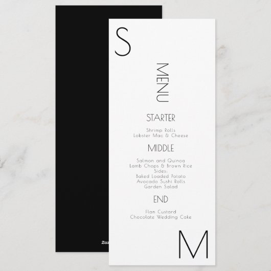 Menu de mariage noir et blanc à monogramme (Devant / Derrière)