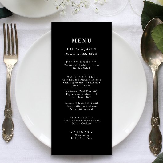 Menu de mariage noir et blanc Élégance Moderne