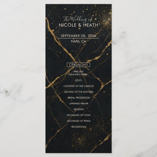 Menu de mariage noir et or de marbre de minuit dor (Devant)