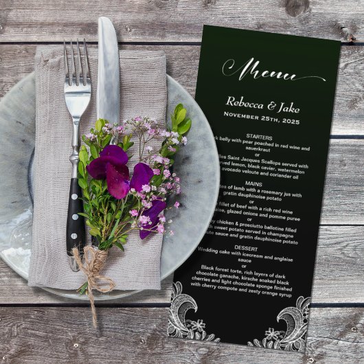 Menu de Mariage noir et vert dentelle blanche