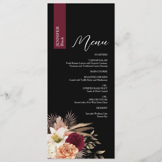 Menu de Mariage Noir Maussade avec Nom du Convive (Devant)