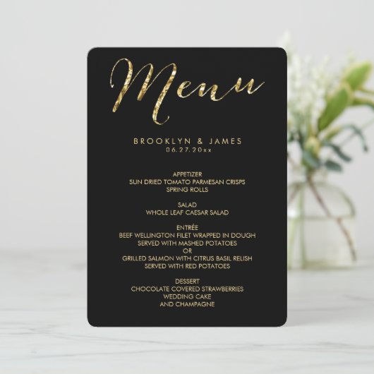 Menu De Mariage Noir Rond Élégant Avec Huile D'Or (Debout devant)