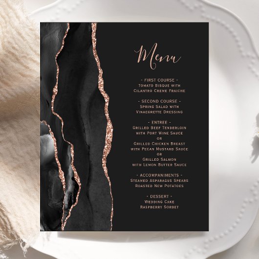 Menu de mariage noir rose or agate Budget