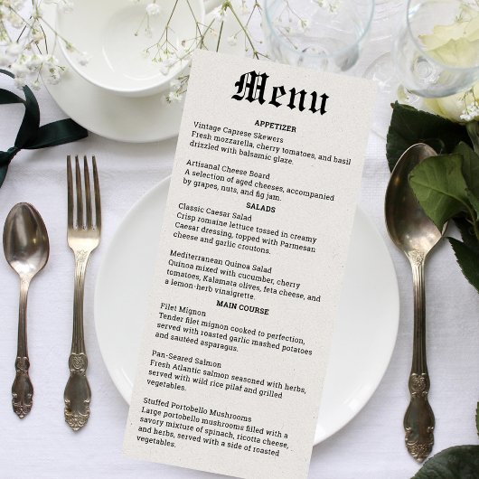 Menu de mariage nostalgique sur papier journal