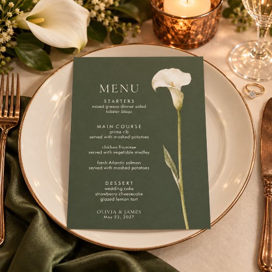 Menu de mariage Olive Green Calla Lily