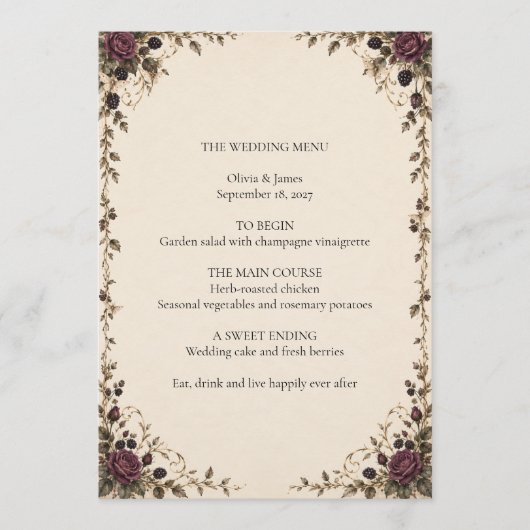 Menu de mariage Once Upon a Midnight Plum Rose (Devant)