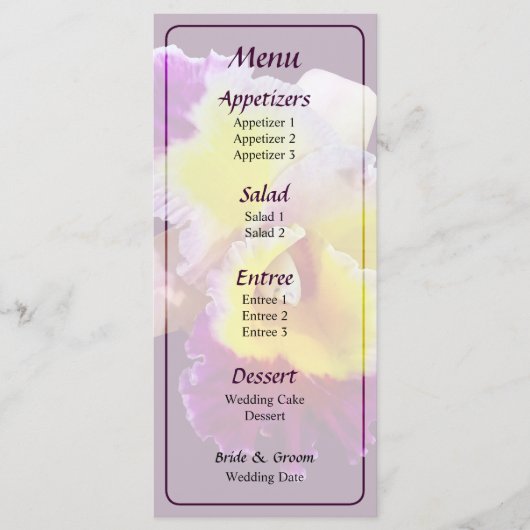 Menu de mariage orchidée Cattleya jaune et magenta (Devant)