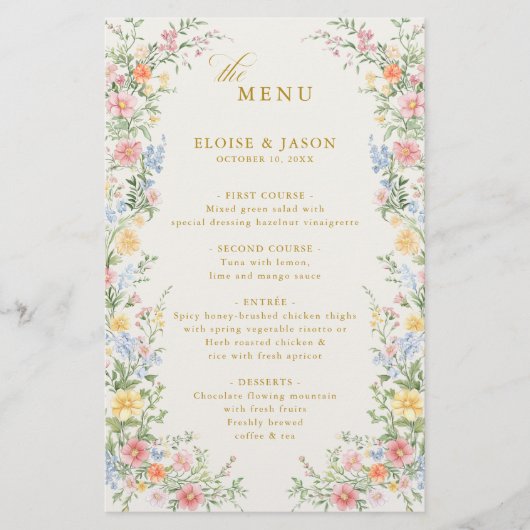Menu de mariage orné de pastel doux de jardin prin (Devant)