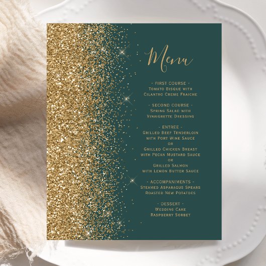 Menu de mariage paillettes dorées vert foncé budge