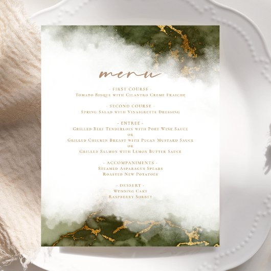 Menu de mariage pas cher en marbre vert olive or