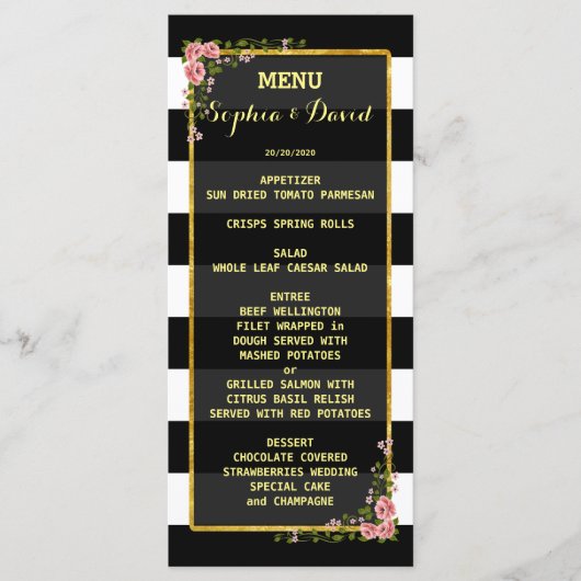 Menu de mariage personnalisé avec rayure et feuill (Devant)