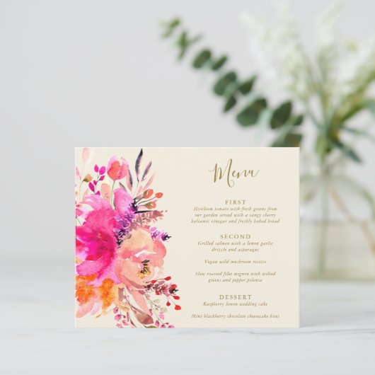 Menu de mariage personnalisé floral aquarelle rose (Debout devant)