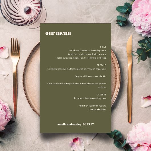 Menu de mariage personnalisé vert olive élégant mo