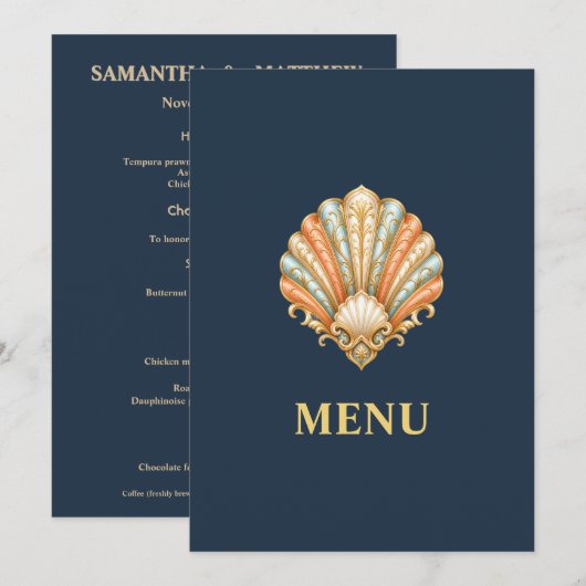 Menu de mariage Plage Coquillage Or Bleu (Devant / Derrière)