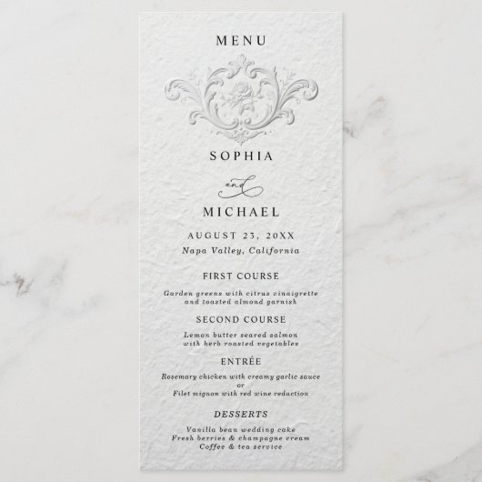Menu de mariage plat floral embossé faux (Devant)