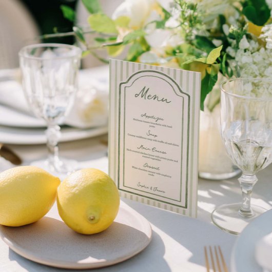Menu de mariage plat rayé vert