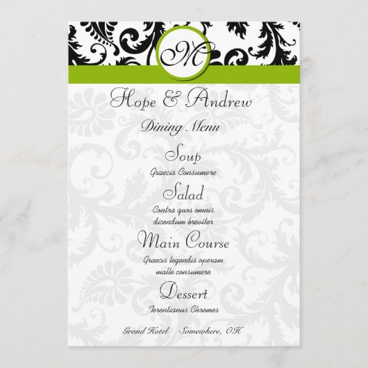 Menu de mariage pomme verte tourbillonnante damas  (Devant)
