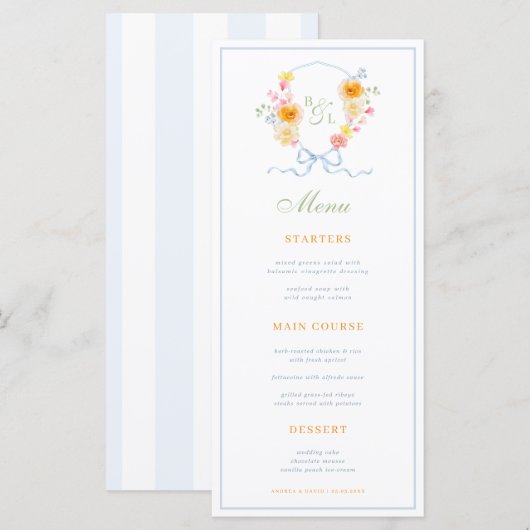 Menu de mariage printanier à rayures bleues et bla (Devant / Derrière)