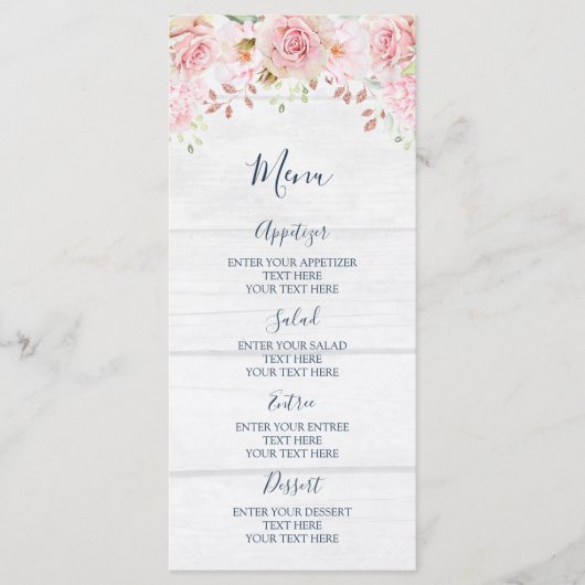Menu de mariage printanier aux fleurs roses rustiq (Devant)