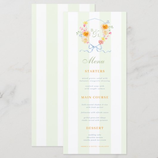 Menu de mariage printanier avec rayures vertes et (Devant / Derrière)